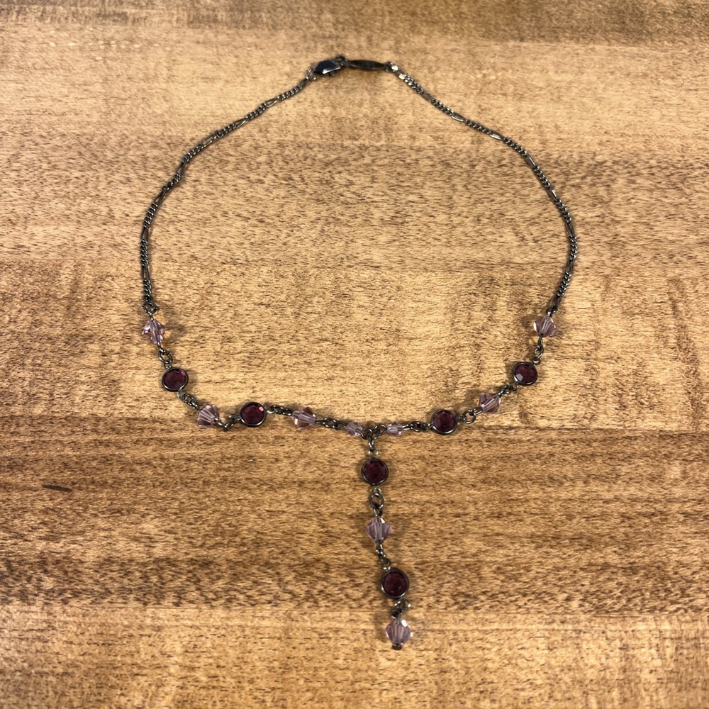VINTAGE AUSTRIAN‎ CRYSTALS USA OXIDIZED GUNMETAL PURPLE LAVENDER 16" NECKLACE